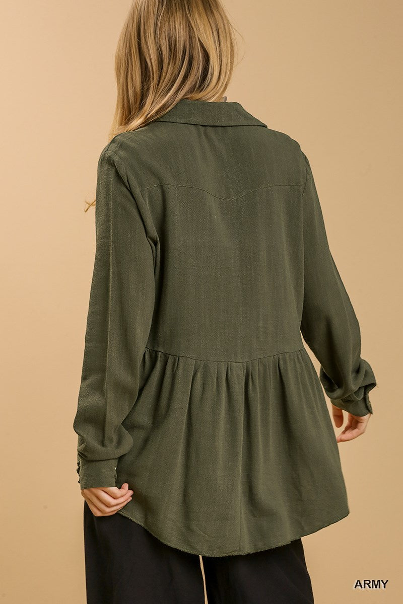 Umgee Linen Blend Button Down Collar BabyDoll Ruffle Shirt - Roulhac Fashion Boutique