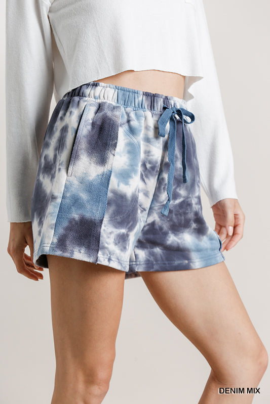 Umgee French Terry Tie Dye Elastic Waist Drawstring Inside Out Shorts