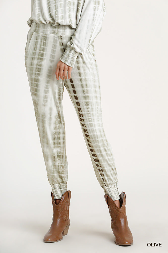 Umgee Shibori Tie Dye Elastic Waist Smocked Hem Jogger Pants