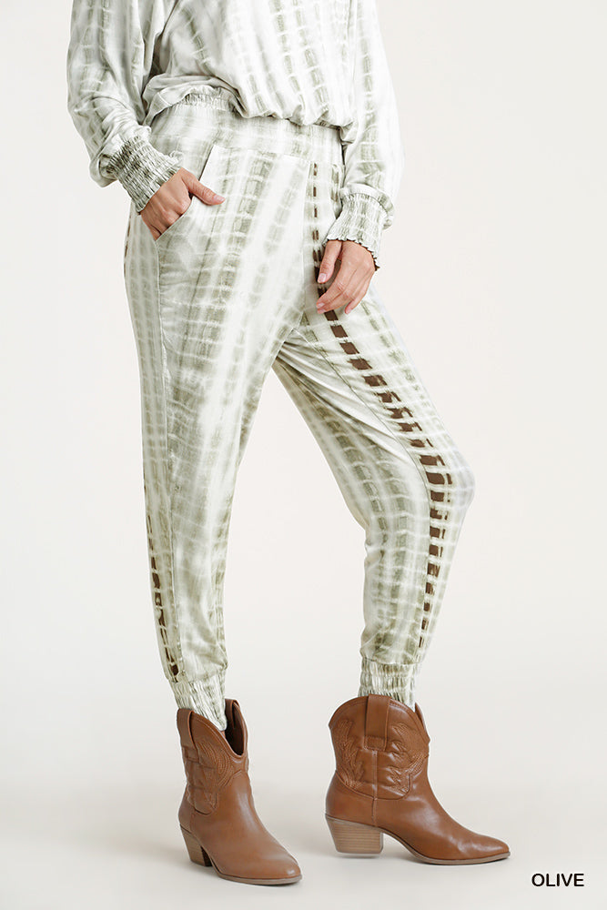 Umgee Shibori Tie Dye Elastic Waist Smocked Hem Jogger Pants