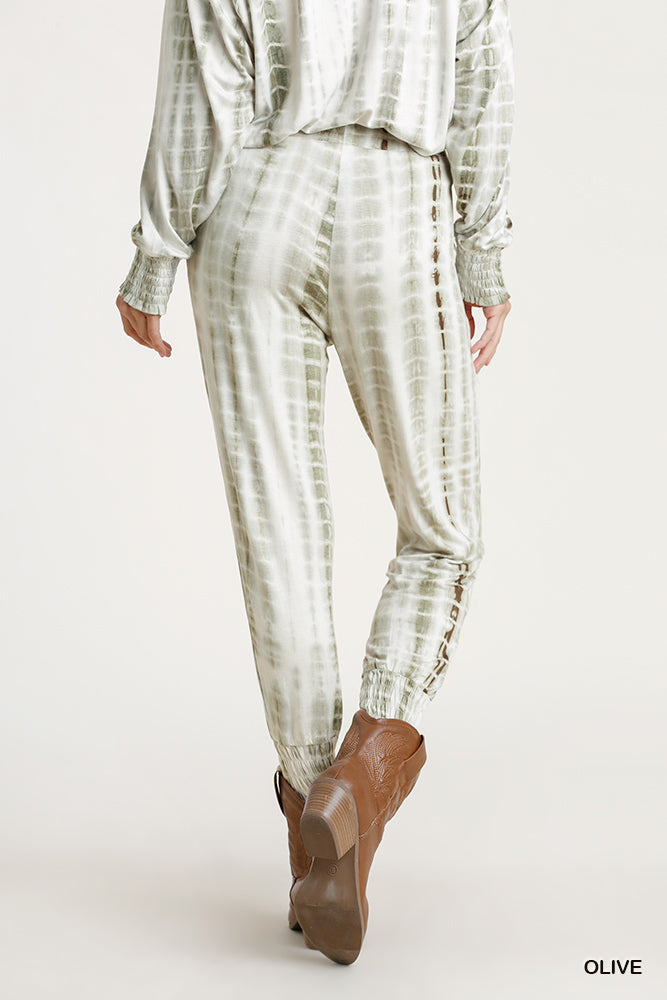 Umgee Shibori Tie Dye Elastic Waist Smocked Hem Jogger Pants