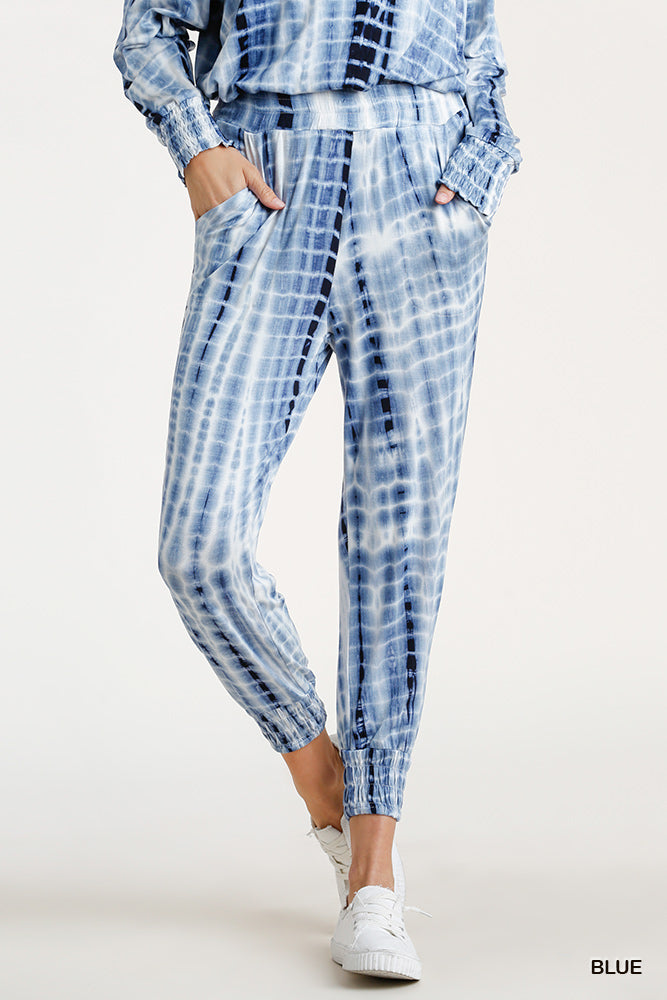 Umgee Shibori Tie Dye Elastic Waist Smocked Hem Jogger Pants