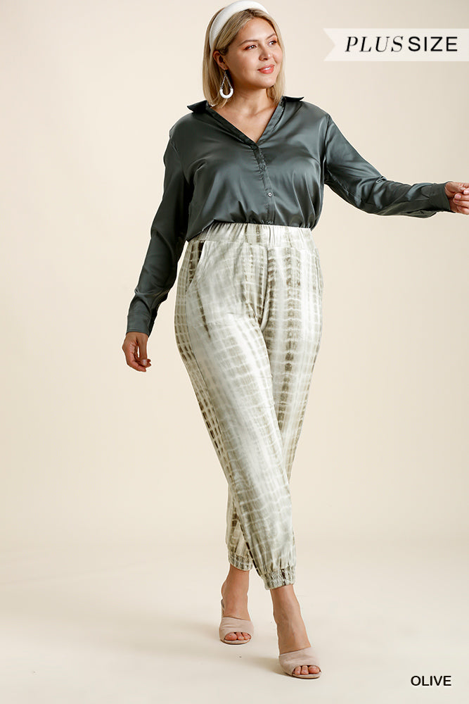 Umgee Plus Elastic Waist Shibori Tie Dye Smocked Hem Jogger Pants