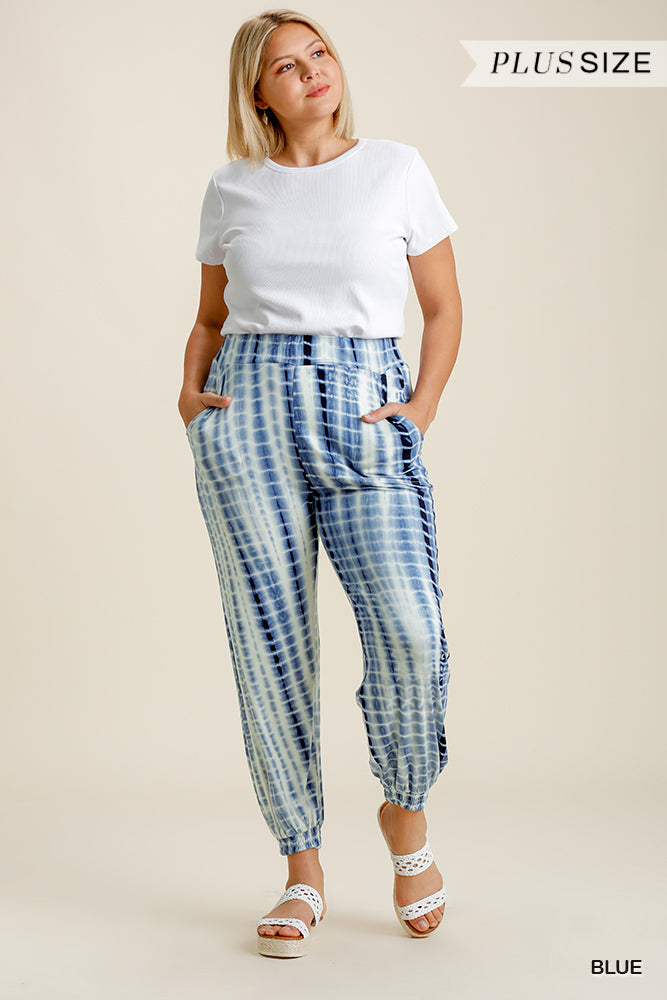 Umgee Plus Elastic Waist Shibori Tie Dye Smocked Hem Jogger Pants