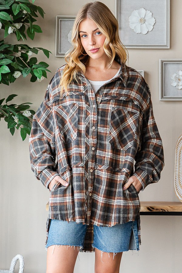 Oli & Hali Mineral Washed Plaid Shirts Top