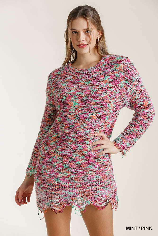 Umgee Mint/Multicolored Round Neck Knit Distressed Hem Tunic Dress - Roulhac Fashion Boutique