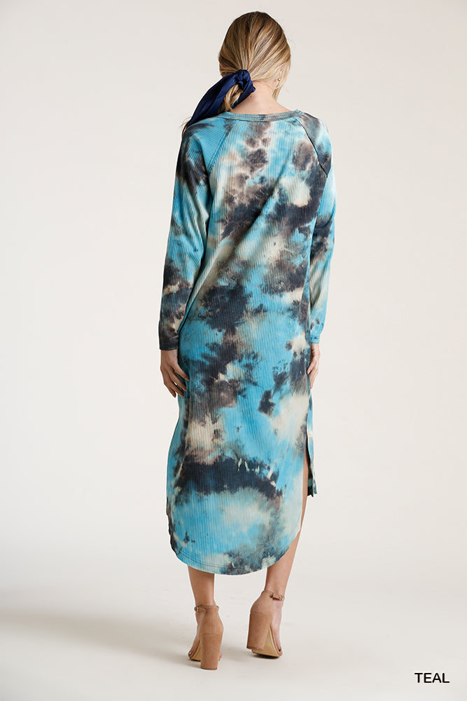 Umgee Cinnamon Tie Dye Button Down Ribbed Side Slits High Low Raw Midi Dress - Roulhac Fashion Boutique