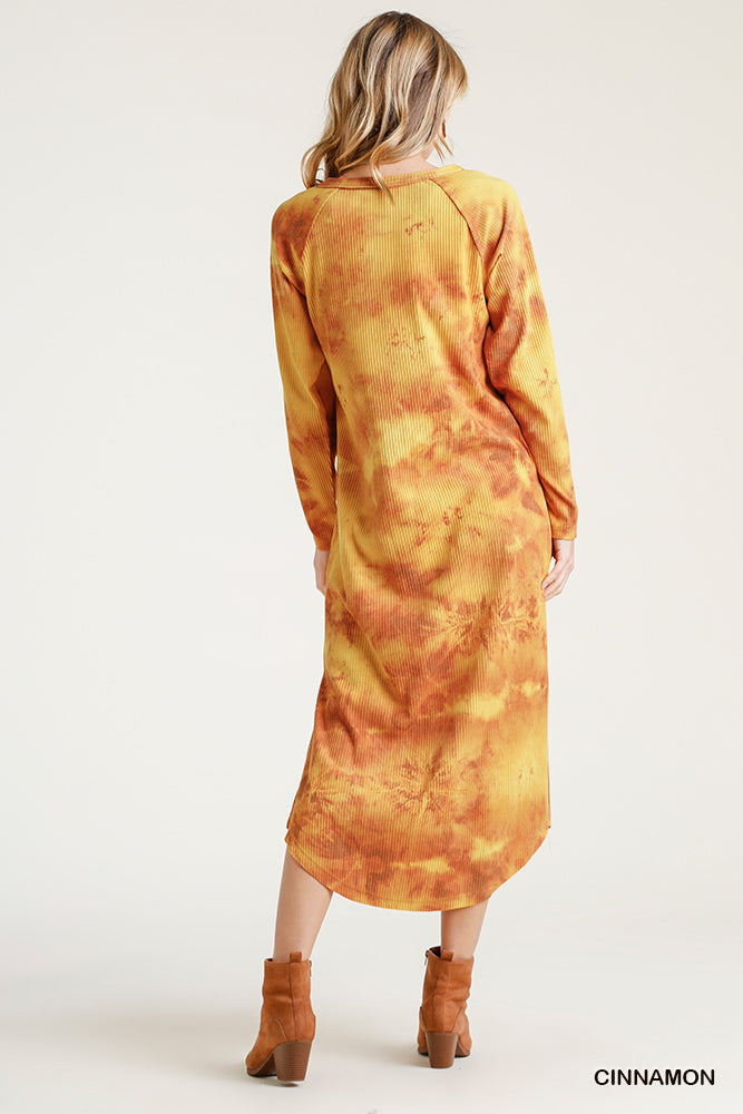 Umgee Cinnamon Tie Dye Button Down Ribbed Side Slits High Low Raw Midi Dress - Roulhac Fashion Boutique