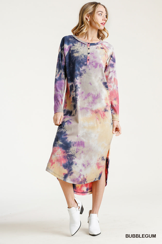 Umgee Cinnamon Tie Dye Button Down Ribbed Side Slits High Low Raw Midi Dress - Roulhac Fashion Boutique