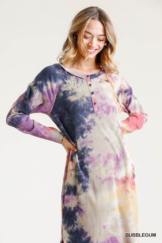 Umgee Cinnamon Tie Dye Button Down Ribbed Side Slits High Low Raw Midi Dress - Roulhac Fashion Boutique