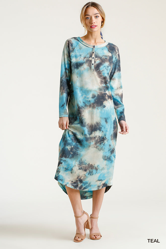 Umgee Cinnamon Tie Dye Button Down Ribbed Side Slits High Low Raw Midi Dress - Roulhac Fashion Boutique