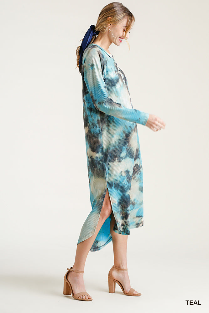 Umgee Cinnamon Tie Dye Button Down Ribbed Side Slits High Low Raw Midi Dress - Roulhac Fashion Boutique