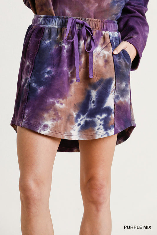 Umgee French Terry Tie Dye Elastic Waist Drawstring Raw Edged Skirt