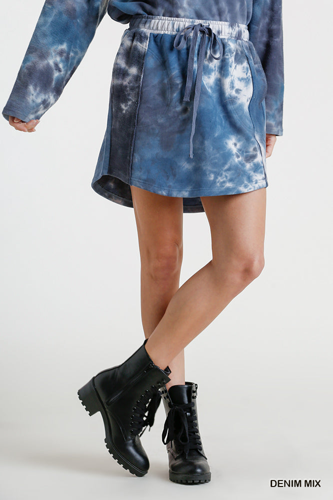 Umgee French Terry Tie Dye Elastic Waist Drawstring Raw Edged Skirt
