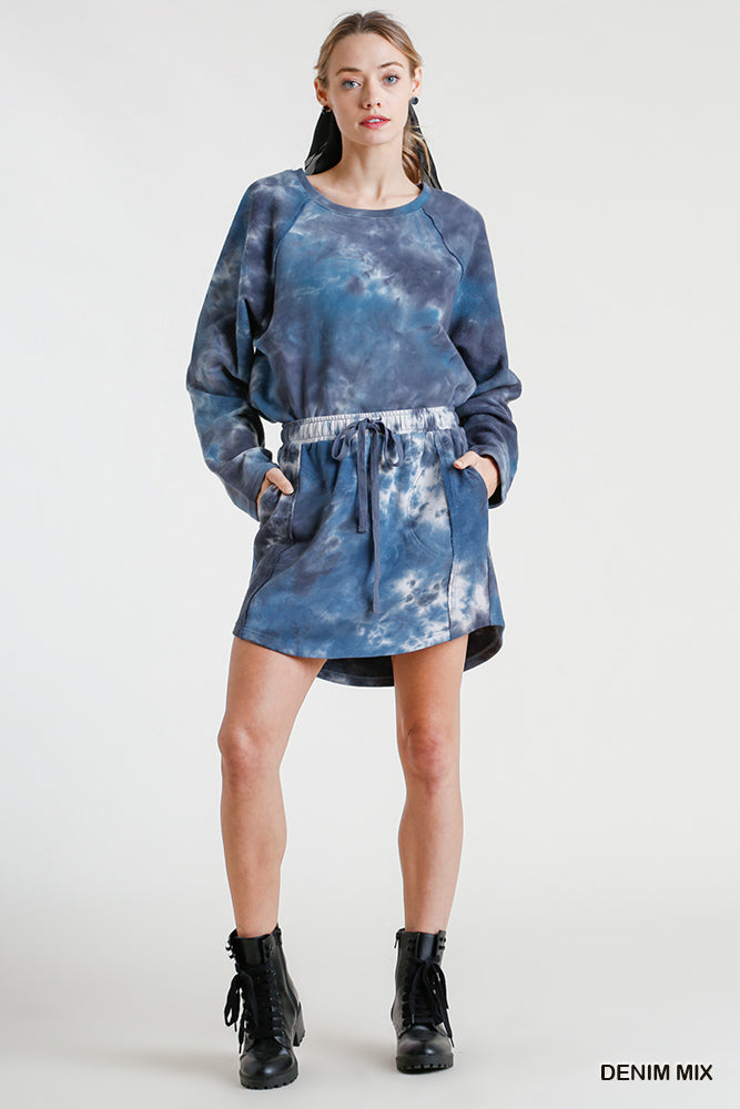 Umgee French Terry Tie Dye Elastic Waist Drawstring Raw Edged Skirt