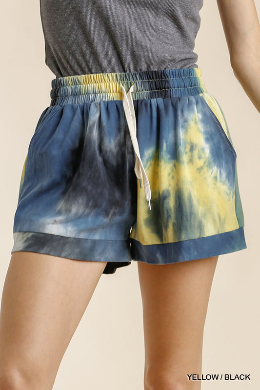 Umgee Tie Dye Elastic Waist Drawstring Tie Pockets Shorts