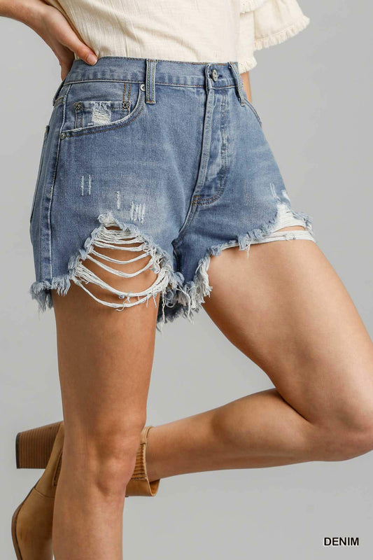 Umgee 5-Pockets Distressed Non-Stretch Unfinished Hem Denim Shorts