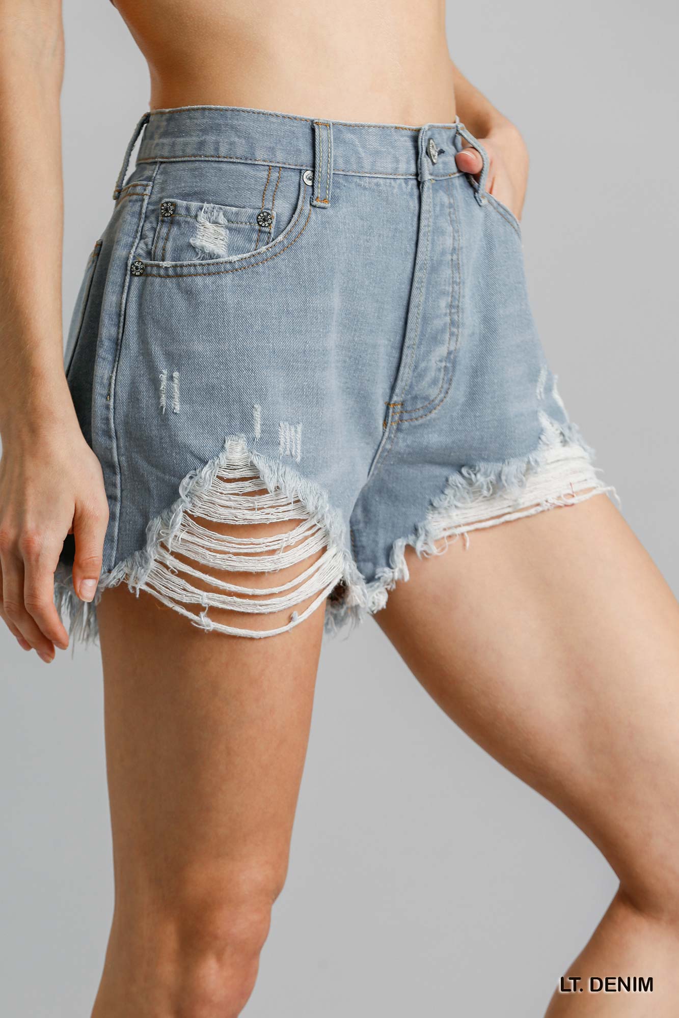 Umgee 5-Pockets Distressed Non-Stretch Unfinished Hem Denim Shorts