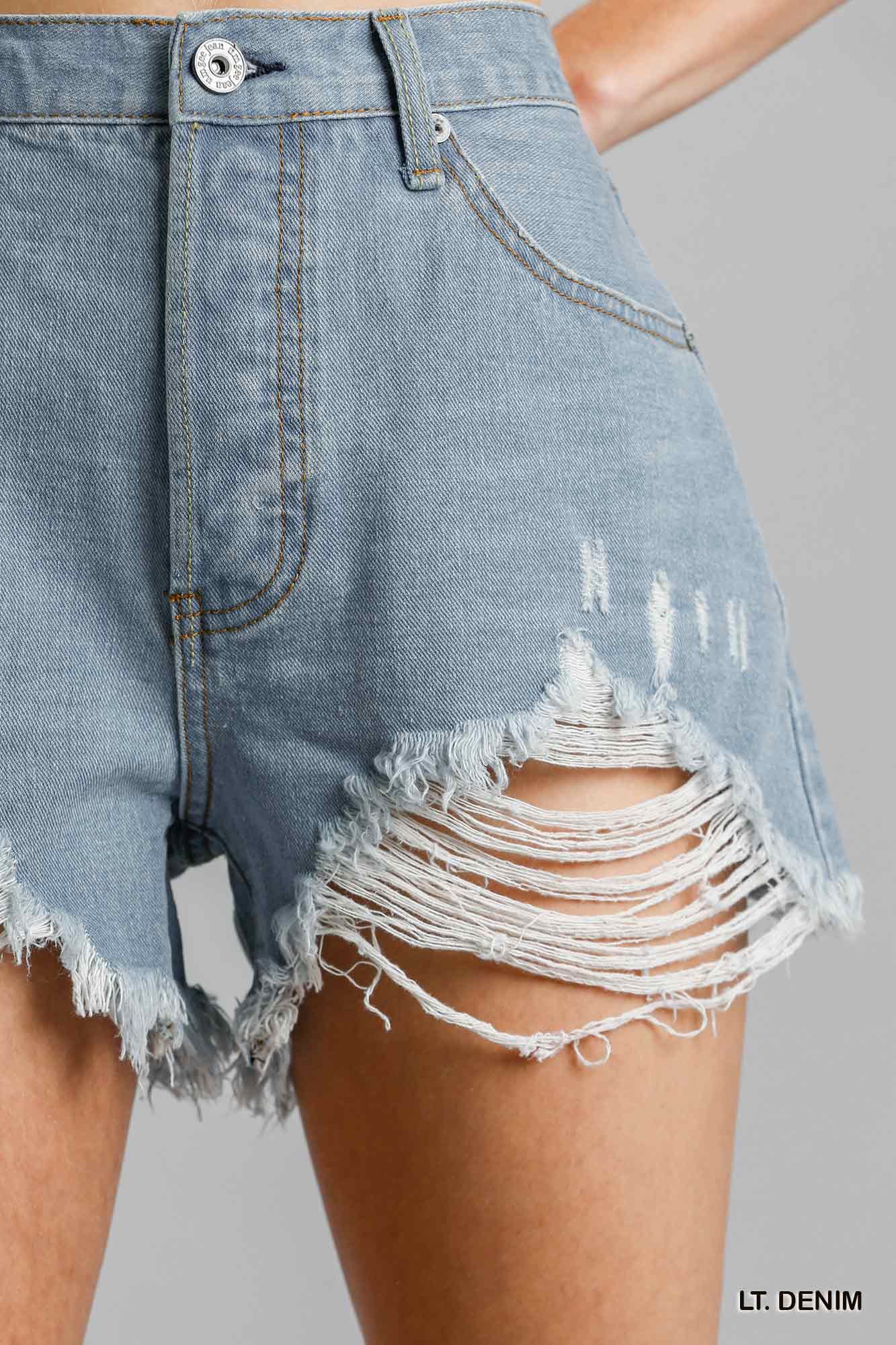 Umgee 5-Pockets Distressed Non-Stretch Unfinished Hem Denim Shorts