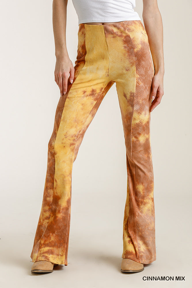 Umgee Tie Dye Elastic Waistband Ribbed Flare Pants