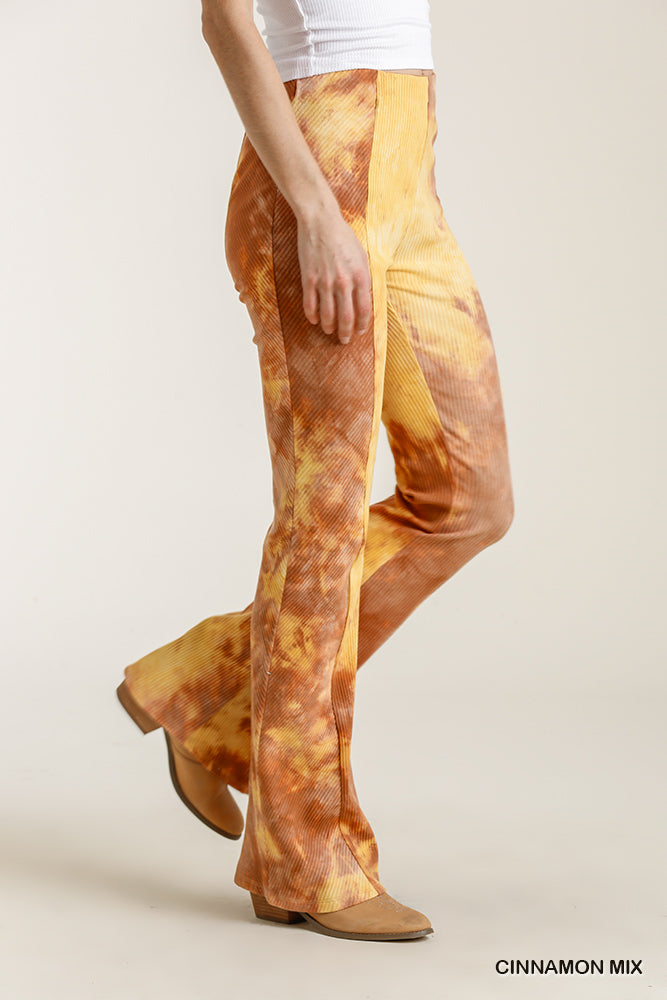 Umgee Tie Dye Elastic Waistband Ribbed Flare Pants