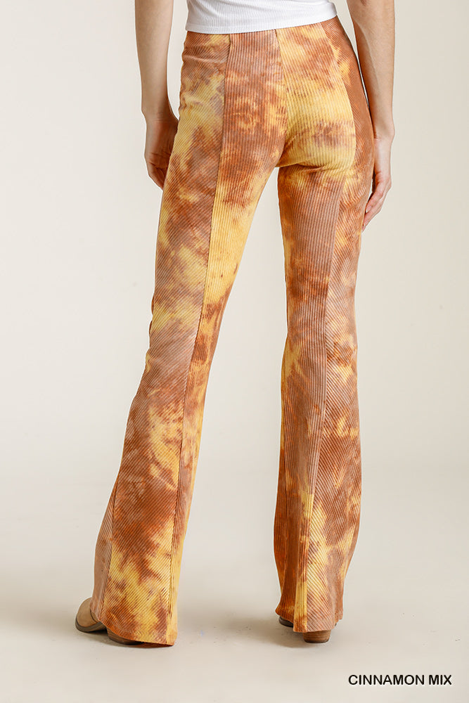 Umgee Tie Dye Elastic Waistband Ribbed Flare Pants