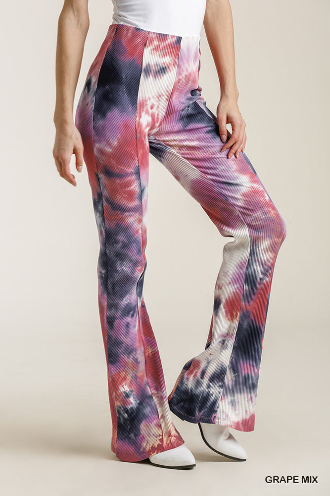 Umgee Tie Dye Elastic Waistband Ribbed Flare Pants