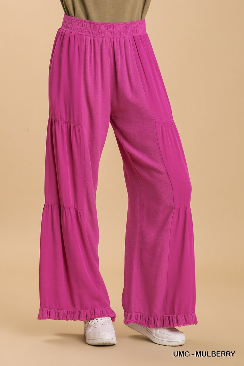Umgee Linen Blend Side Tiered Elastic Waist Wide Leg Frayed Hem Pants