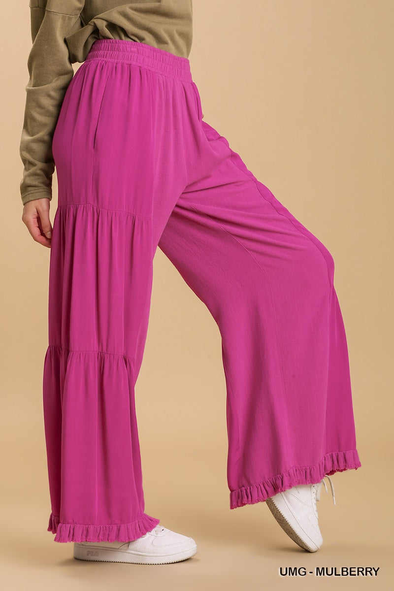Umgee Linen Blend Side Tiered Elastic Waist Wide Leg Frayed Hem Pants