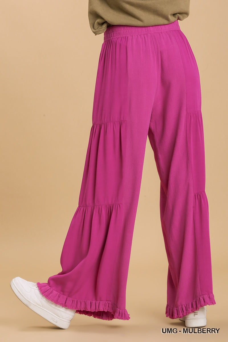 Umgee Linen Blend Side Tiered Elastic Waist Wide Leg Frayed Hem Pants