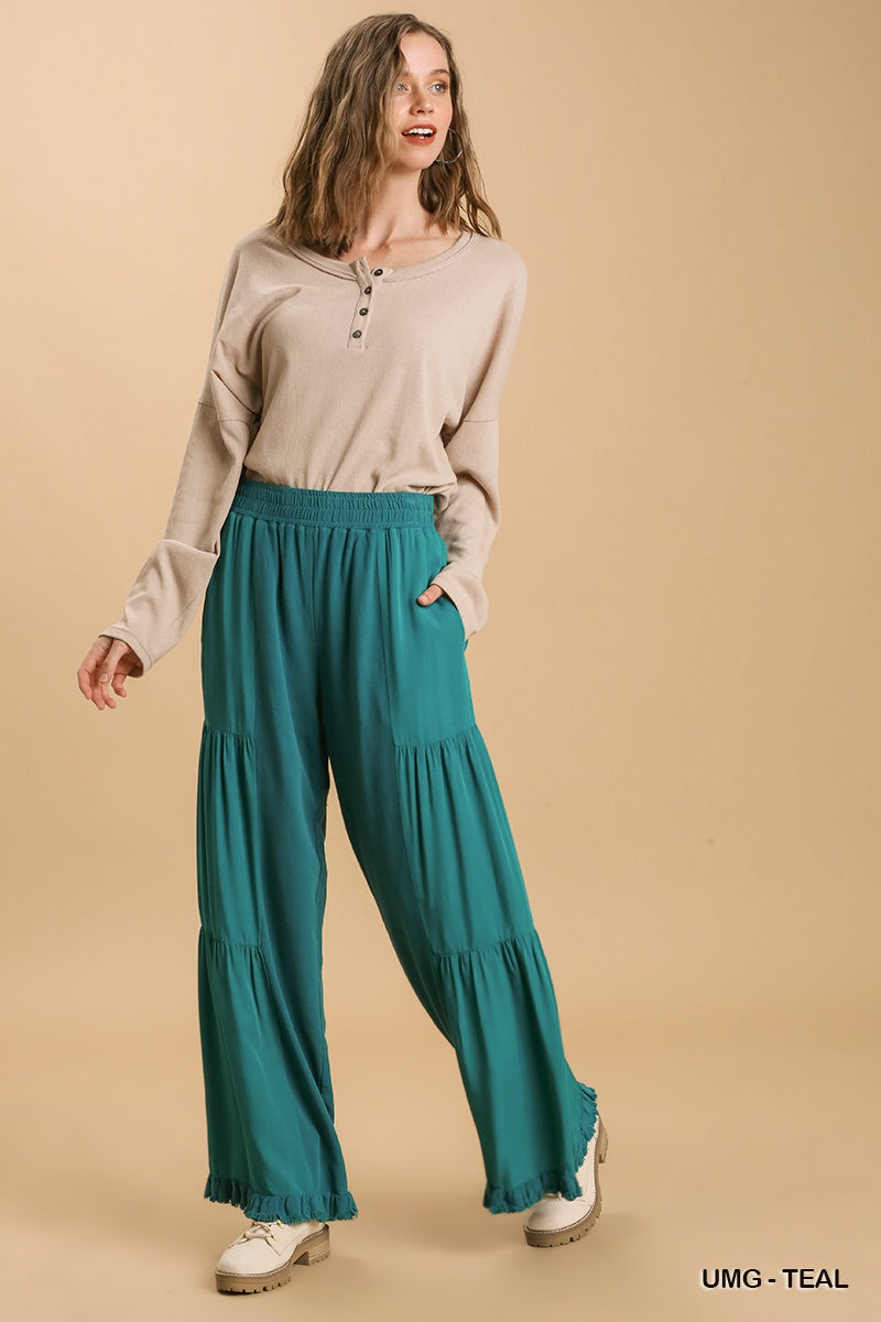 Umgee Linen Blend Side Tiered Elastic Waist Wide Leg Frayed Hem Pants