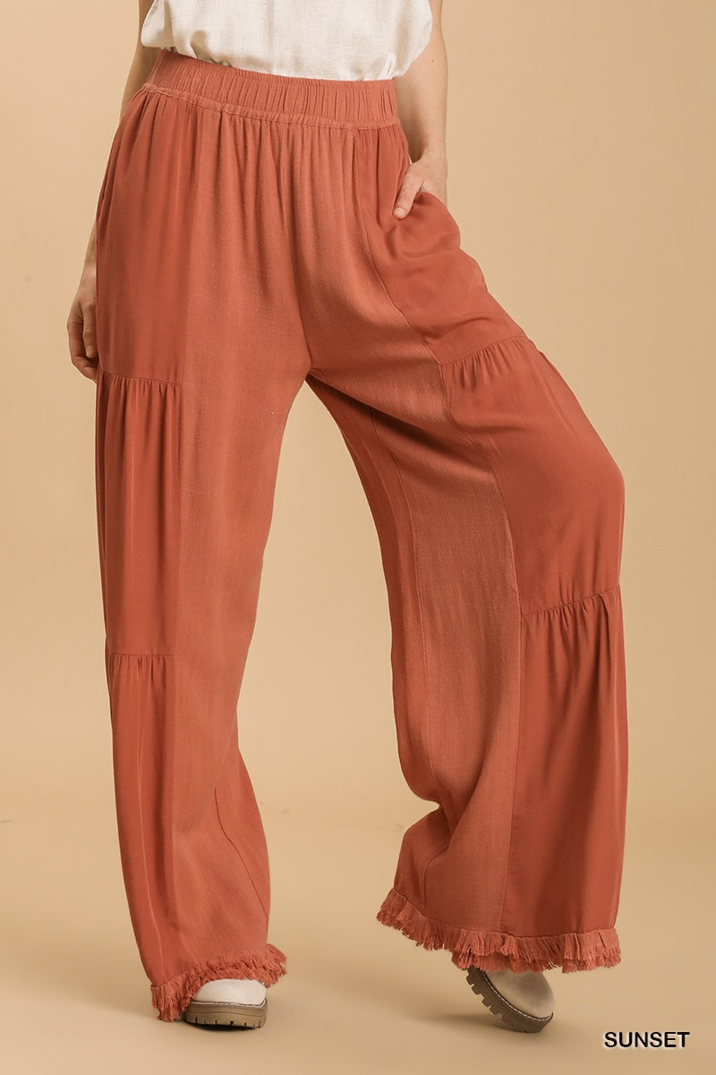 Umgee Linen Blend Side Tiered Elastic Waist Wide Leg Frayed Hem Pants