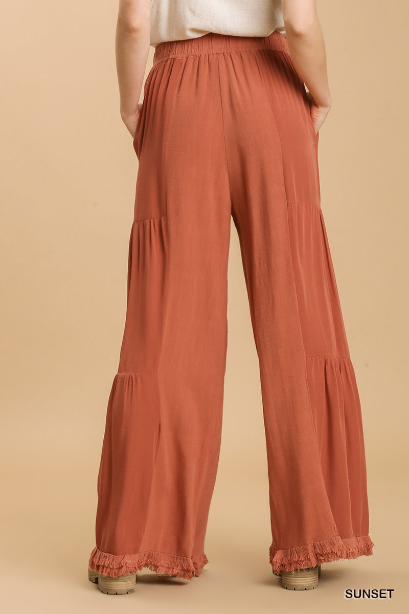 Umgee Linen Blend Side Tiered Elastic Waist Wide Leg Frayed Hem Pants