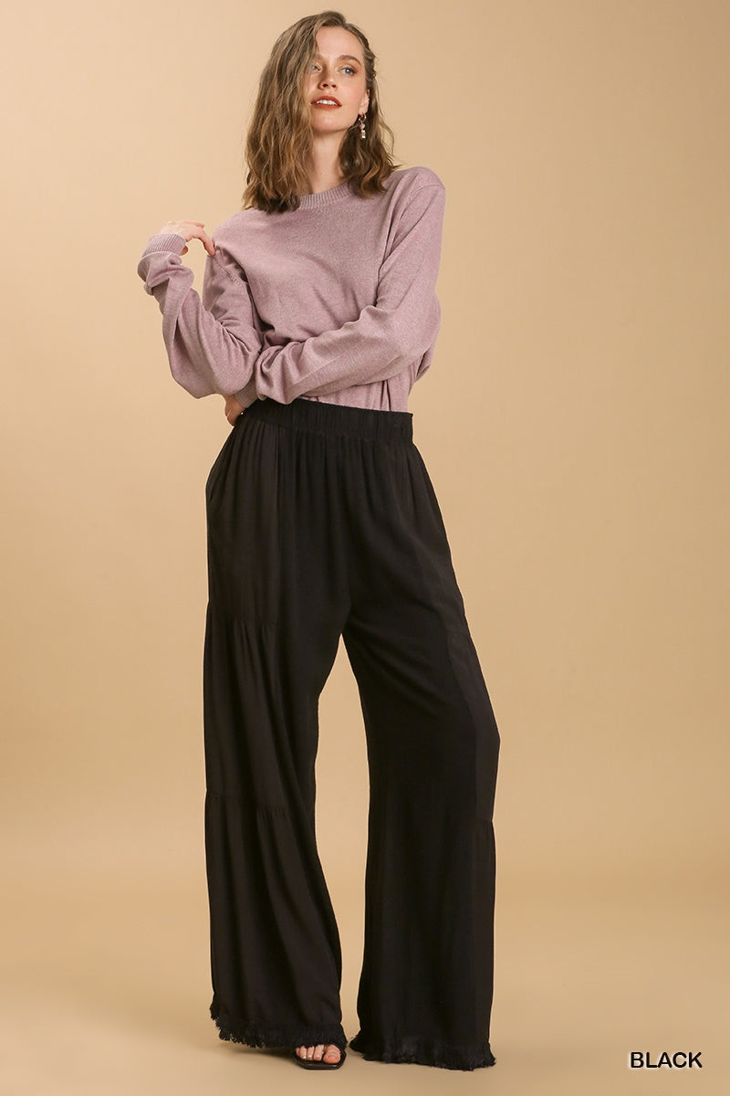 Umgee Linen Blend Side Tiered Elastic Waist Wide Leg Frayed Hem Pants