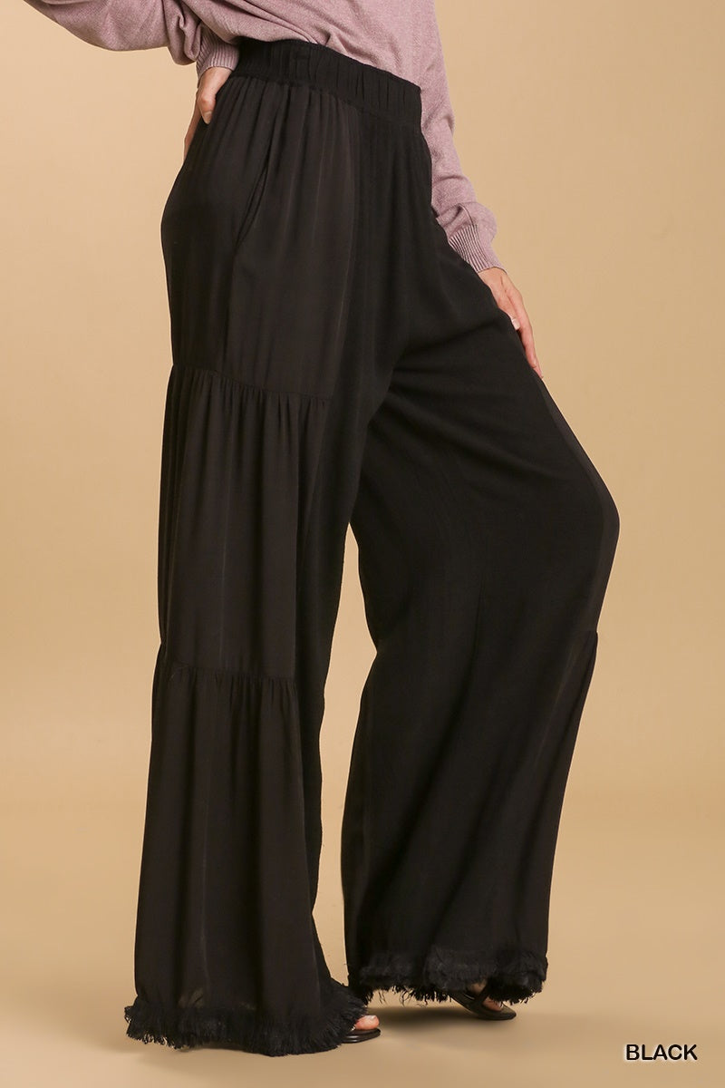 Umgee Linen Blend Side Tiered Elastic Waist Wide Leg Frayed Hem Pants