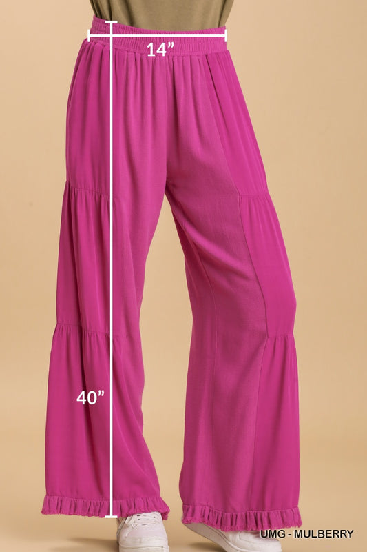 Umgee Linen Blend Side Tiered Elastic Waist Wide Leg Frayed Hem Pants