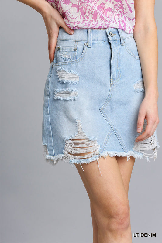 Umgee 5 Pockets Non-Stretch Distressed Detail Denim Skirt