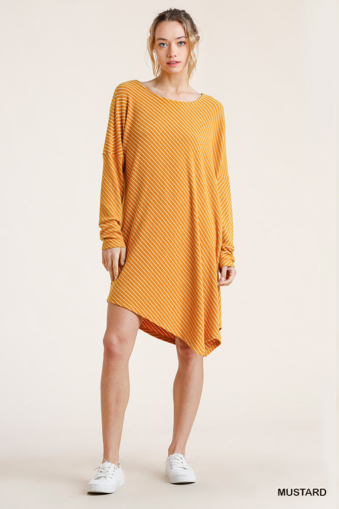 Umgee Forest Striped Round Neck Long Sleeve Ribbed Asymmetrical Hem Dress - Roulhac Fashion Boutique