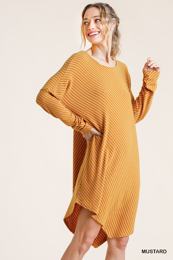 Umgee Forest Striped Round Neck Long Sleeve Ribbed Asymmetrical Hem Dress - Roulhac Fashion Boutique