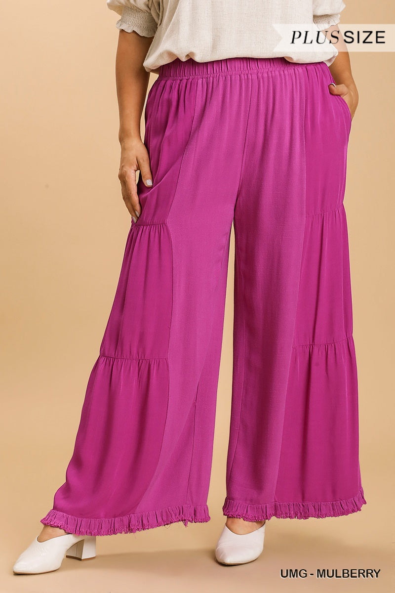 Umgee Plus Linen Blend Side Tiered Elastic Waist Wide Leg Pants