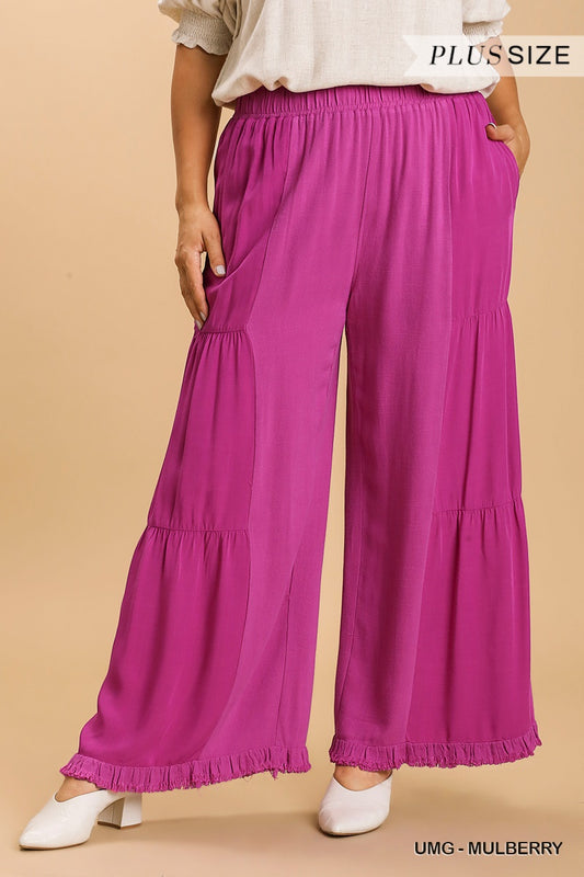 Umgee Plus Linen Blend Side Tiered Elastic Waist Wide Leg Pants