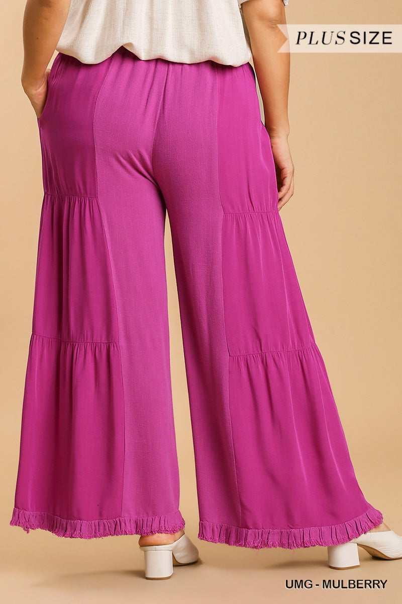 Umgee Plus Linen Blend Side Tiered Elastic Waist Wide Leg Pants