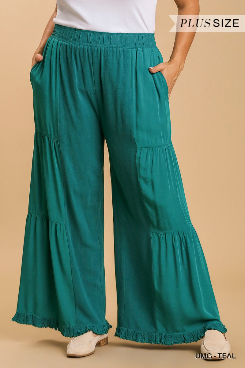 Umgee Plus Linen Blend Side Tiered Elastic Waist Wide Leg Pants