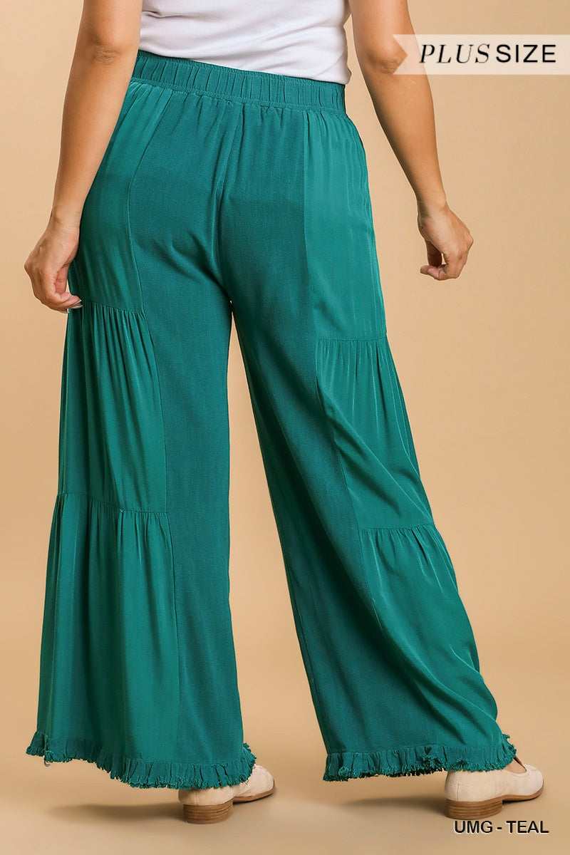 Umgee Plus Linen Blend Side Tiered Elastic Waist Wide Leg Pants