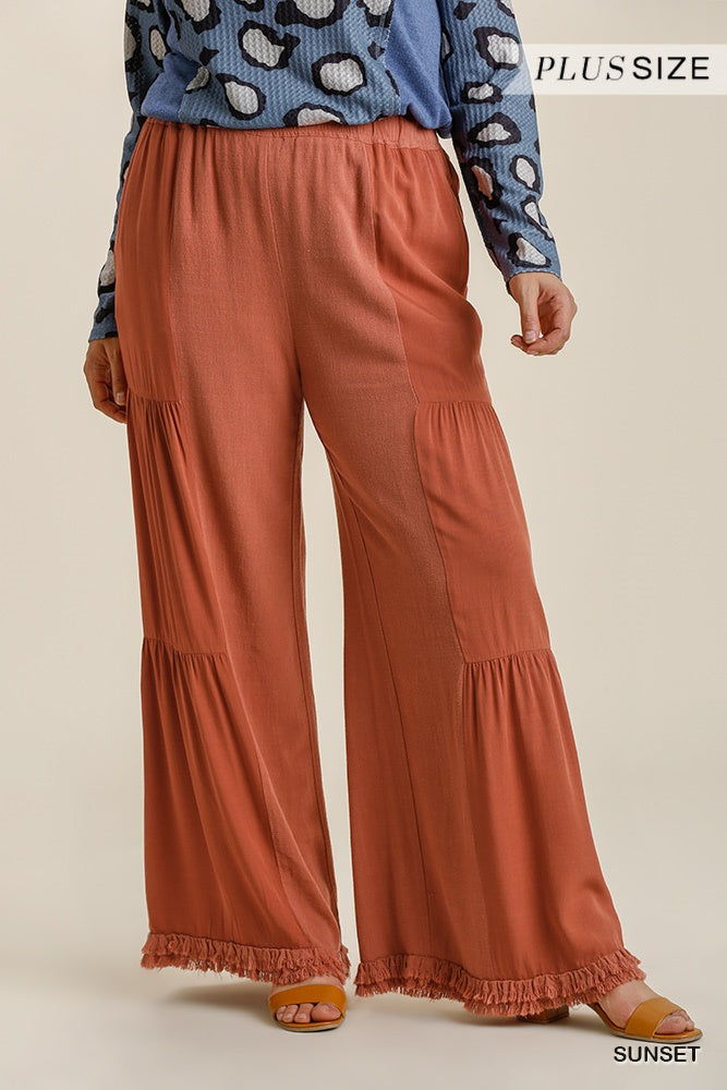 Umgee Plus Linen Blend Side Tiered Elastic Waist Wide Leg Pants