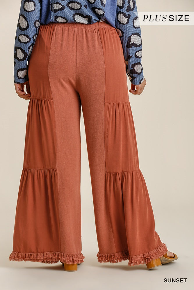 Umgee Plus Linen Blend Side Tiered Elastic Waist Wide Leg Pants