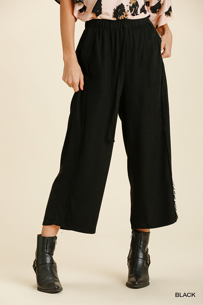 Umgee Linen Blend Elastic Waistband Frayed Edged Wide Leg Pants