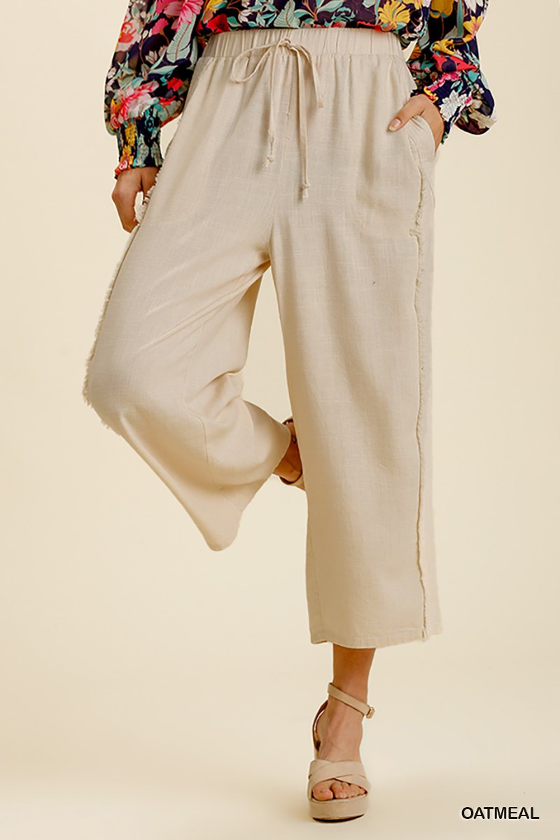 Umgee Linen Blend Elastic Waistband Frayed Edged Wide Leg Pants