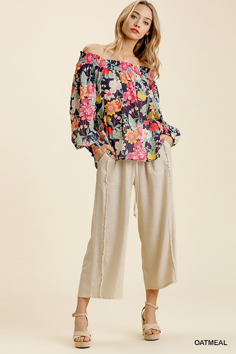 Umgee Linen Blend Elastic Waistband Frayed Edged Wide Leg Pants