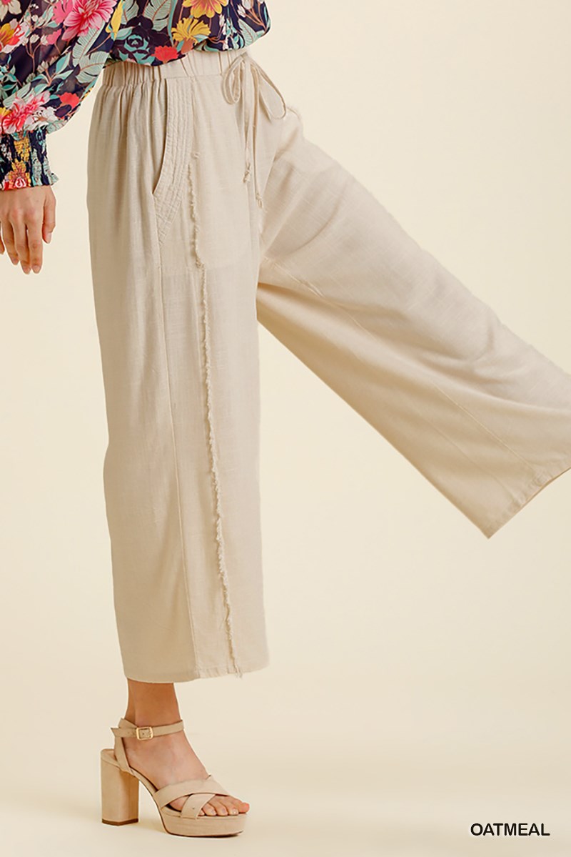 Umgee Linen Blend Elastic Waistband Frayed Edged Wide Leg Pants